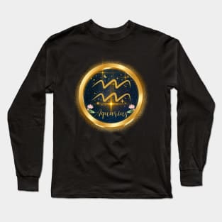 Aquarius  Gold  sign drifting in the galaxy with Lotus Long Sleeve T-Shirt